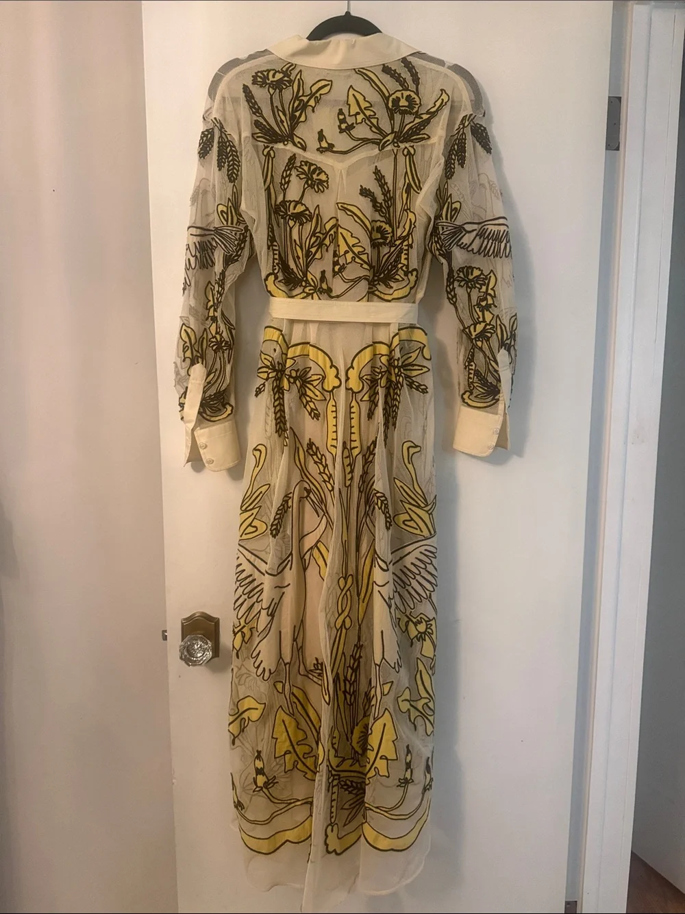 Tory Burch Swan Sheer Floral Belted Long-Sleeve Dress in Cream and Yellow
